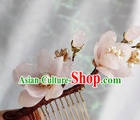 Traditional Chinese Hanfu Pink Magnolia Hair Comb Handmade Ancient Princess Hair Accessories for Women