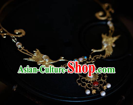 Traditional Chinese Hanfu Golden Crane Necklace Handmade Ancient Princess Necklet Accessories for Women