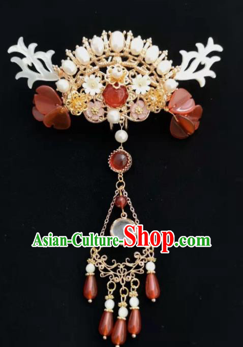 Traditional Chinese Ming Dynasty Agate Tassel Hairpins Ancient Court Queen Hair Accessories for Women