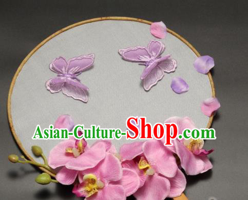Traditional Chinese Hanfu Lilac Phalaenopsis Palace Fan Handmade Ancient Princess Wedding Fans for Women