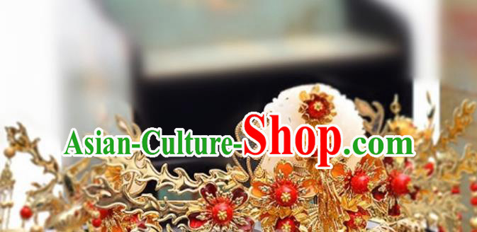 Traditional Chinese Wedding Jade Phoenix Coronet Hairpins Ancient Court Queen Hair Accessories for Women