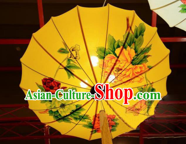 Chinese Traditional Printing Peony Yellow Hanging Lantern Handmade New Year Lamp Cloth Palace Lanterns