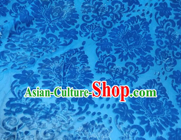 Chinese Traditional Jacquard Blue Velvet Fabric Mulberry Silk Fabric Hanfu Dress Material