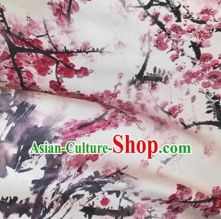Chinese Traditional Ink Plum Blossom Pattern White Silk Fabric Mulberry Silk Fabric Hanfu Dress Material