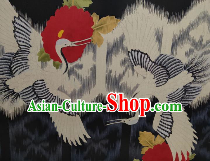 Chinese Traditional Crane Camellia Pattern Black Silk Fabric Mulberry Silk Fabric Hanfu Dress Material