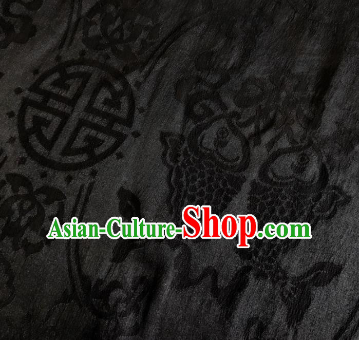 Chinese Traditional Double Fishes Pattern Black Silk Fabric Mulberry Silk Fabric Hanfu Dress Material