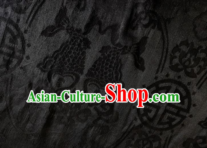Chinese Traditional Double Fishes Pattern Black Silk Fabric Mulberry Silk Fabric Hanfu Dress Material