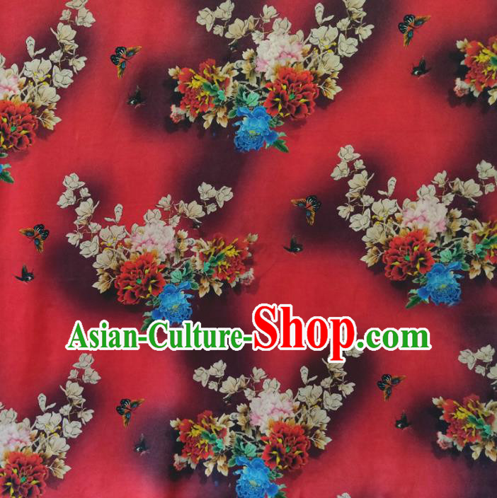 Chinese Traditional Magnolia Peony Pattern Red Silk Fabric Mulberry Silk Fabric Hanfu Dress Material