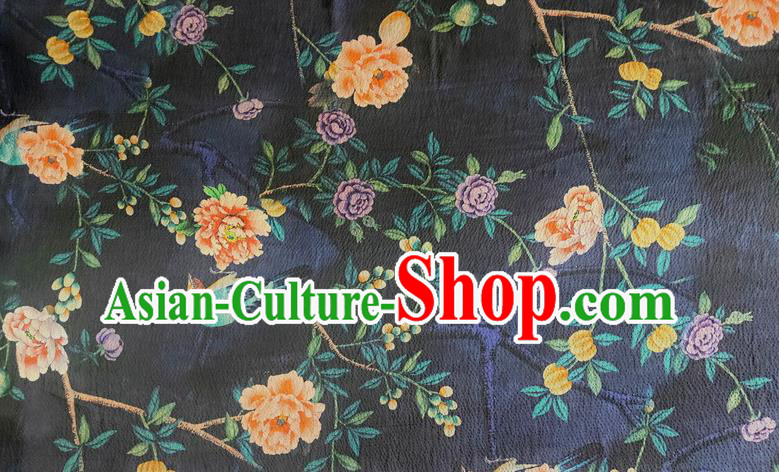 Chinese Traditional Peony Bird Pattern Navy Silk Fabric Mulberry Silk Fabric Hanfu Dress Material