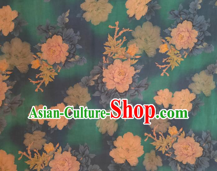 Chinese Traditional Peony Pattern Green Silk Fabric Mulberry Silk Fabric Hanfu Dress Material