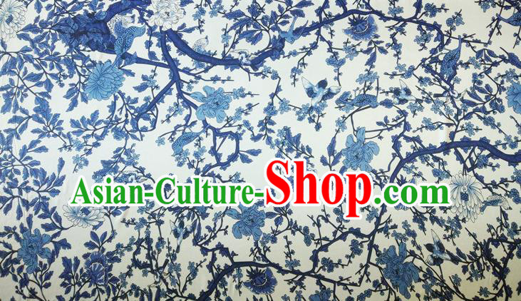 Chinese Traditional Blue Flowers Pattern Silk Fabric Mulberry Silk Fabric Hanfu Dress Material
