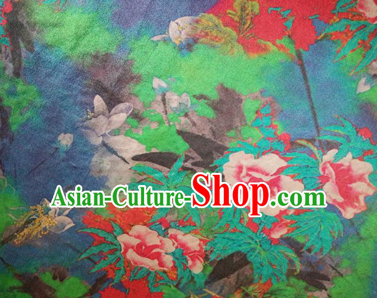 Chinese Traditional Peony Pattern Navy Blue Silk Fabric Mulberry Silk Fabric Hanfu Dress Material