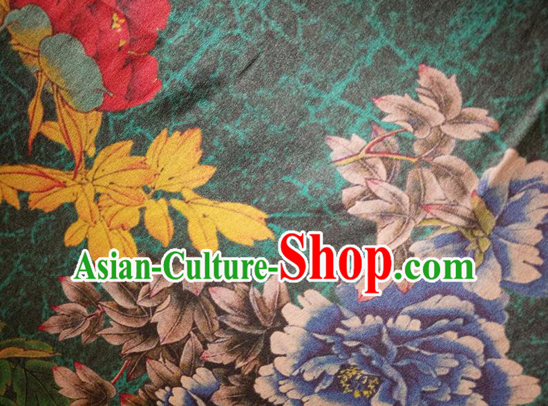 Chinese Traditional Peony Pattern Deep Green Silk Fabric Mulberry Silk Fabric Hanfu Dress Material