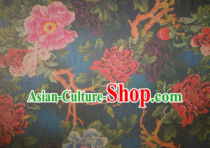 Chinese Traditional Peony Flowers Pattern Deep Blue Silk Fabric Mulberry Silk Fabric Hanfu Dress Material