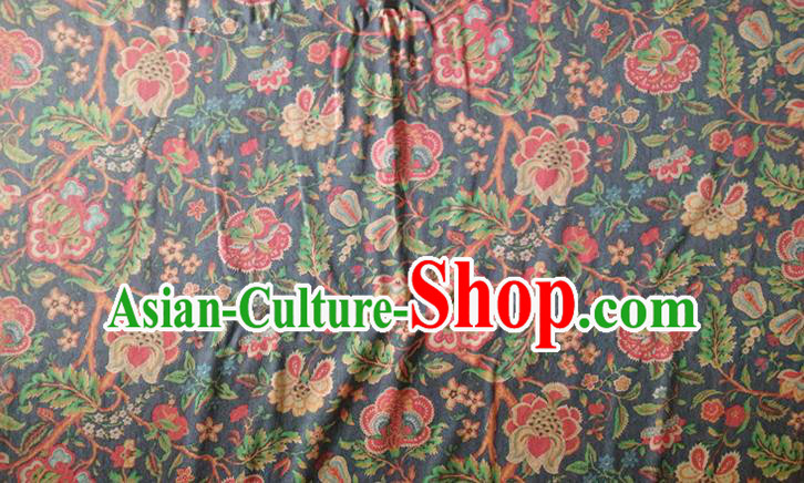 Chinese Traditional Twine Flowers Pattern Navy Silk Fabric Mulberry Silk Fabric Hanfu Dress Material