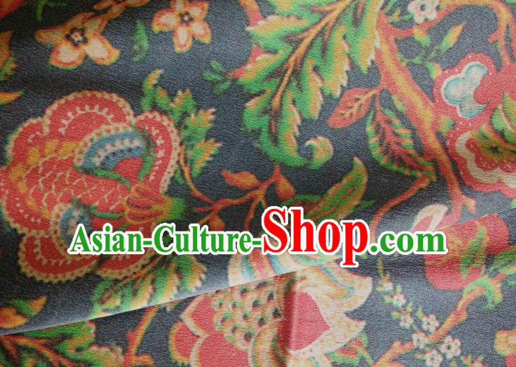 Chinese Traditional Twine Flowers Pattern Navy Silk Fabric Mulberry Silk Fabric Hanfu Dress Material