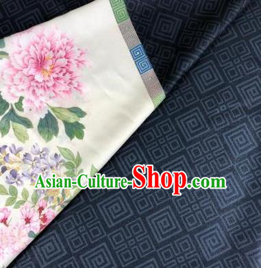 Chinese Traditional Peony Pattern Navy Hanfu Fabric Flax Fabric Hanfu Dress Material