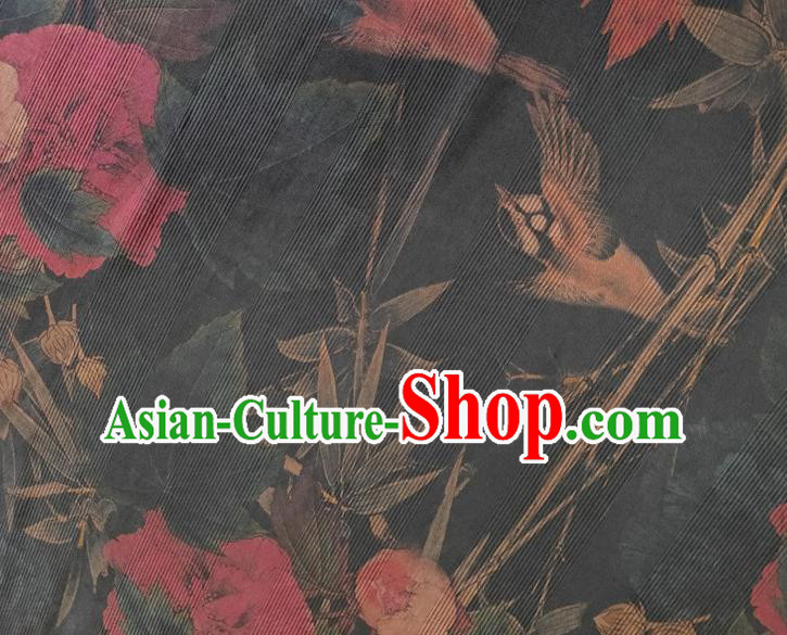 Chinese Traditional Bamboo Peony Pattern Navy Silk Fabric Mulberry Silk Fabric Hanfu Dress Material