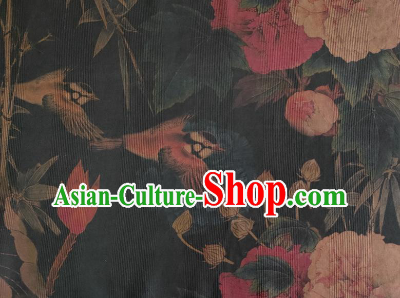 Chinese Traditional Bamboo Peony Pattern Navy Silk Fabric Mulberry Silk Fabric Hanfu Dress Material