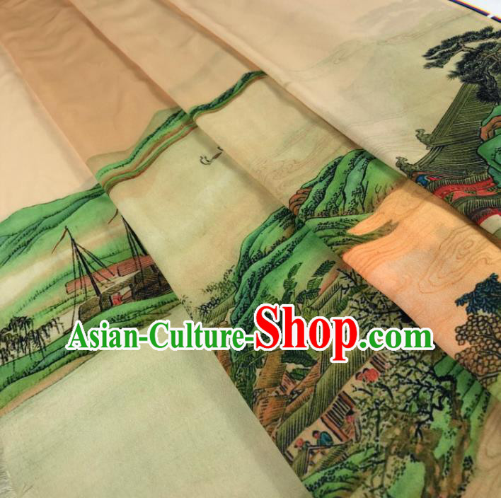 Chinese Traditional Landscape Pattern Flax Fabric Mulberry Silk Fabric Hanfu Dress Material