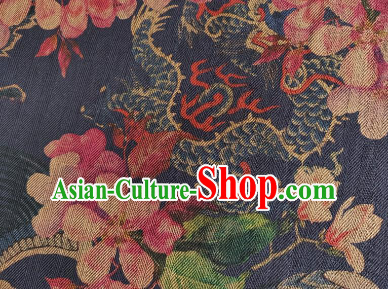 Chinese Traditional Dragon Phoenix Pattern Navy Silk Fabric Mulberry Silk Fabric Hanfu Dress Material