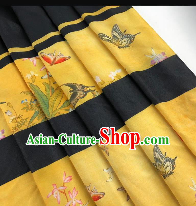 Chinese Traditional Classical Butterfly Flowers Pattern Yellow Flax Fabric Silk Fabric Hanfu Dress Material