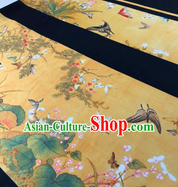 Chinese Traditional Classical Butterfly Flowers Pattern Yellow Flax Fabric Silk Fabric Hanfu Dress Material