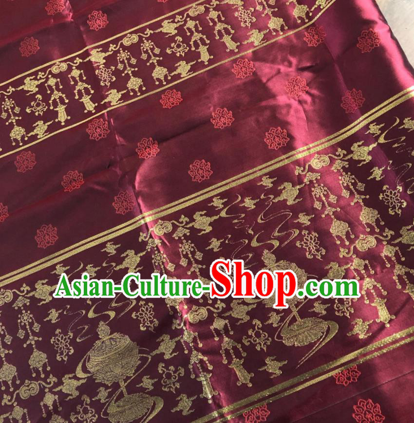 Chinese Traditional Censer Pattern Purplish Red Brocade Hanfu Fabric Silk Fabric Hanfu Dress Material