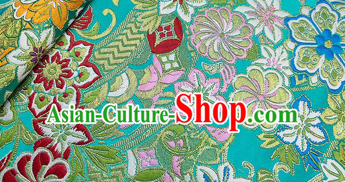 Japanese Traditional Pattern Atrovirens Kimono Lake Blue Brocade Fabric Tapestry Satin Fabric Nishijin Material