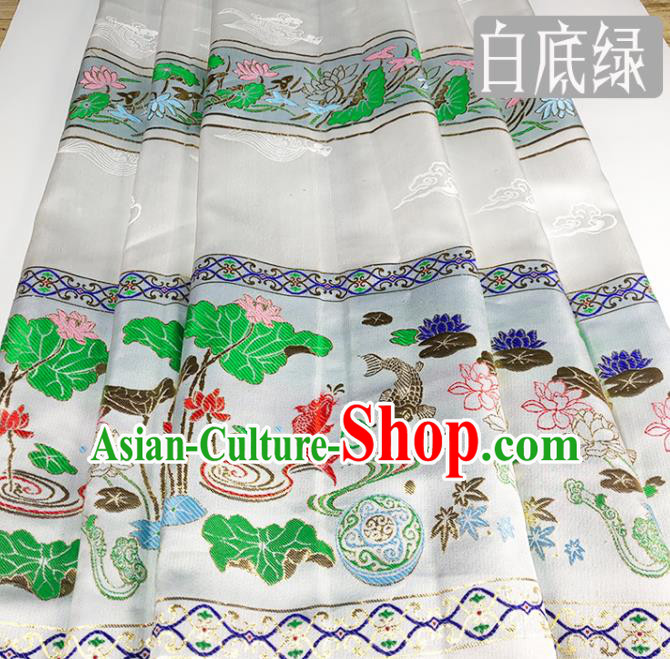 Chinese Traditional Lotus Fishes Pattern White Brocade Fabric Silk Satin Fabric Hanfu Material