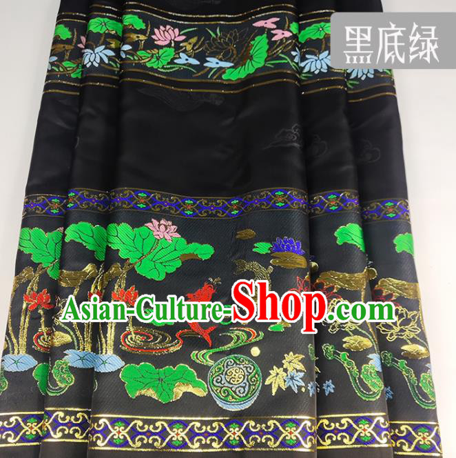Chinese Traditional Lotus Fishes Pattern Black Brocade Fabric Silk Satin Fabric Hanfu Material