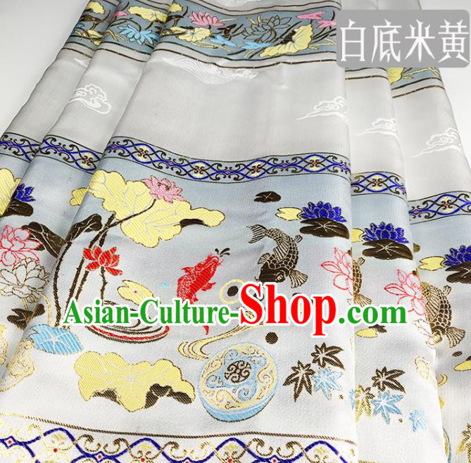 Chinese Traditional Lotus Fishes Pattern Beige Brocade Fabric Silk Satin Fabric Hanfu Material