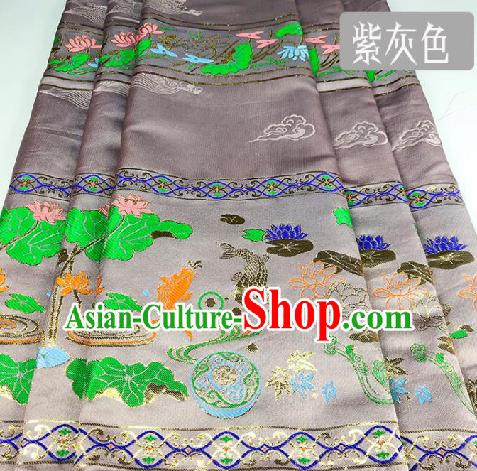 Chinese Traditional Fishes Lotus Pattern Grey Brocade Fabric Silk Satin Fabric Hanfu Material