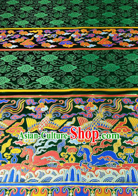 Chinese Traditional Phoenix Horse Pattern Deep Green Brocade Fabric Silk Satin Fabric Hanfu Material