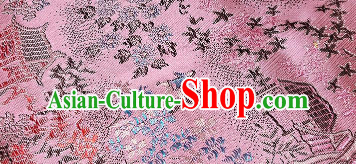 Chinese Traditional Scenery Pattern Pink Brocade Fabric Silk Satin Fabric Hanfu Material