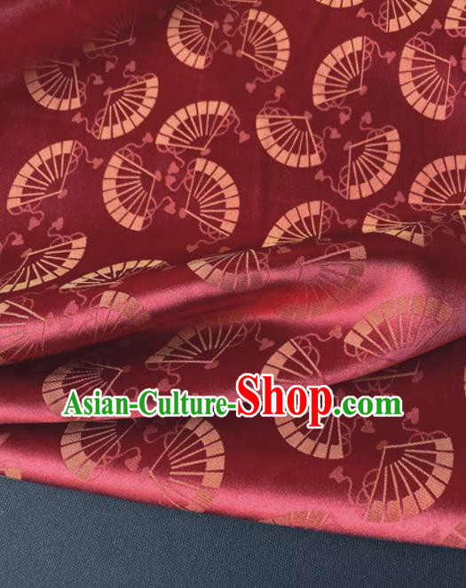 Chinese Traditional Fans Pattern Wine Red Brocade Fabric Silk Tapestry Satin Fabric Hanfu Material