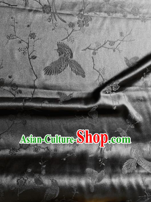 Chinese Traditional Flowers Birds Pattern Black Silk Fabric Hanfu Material