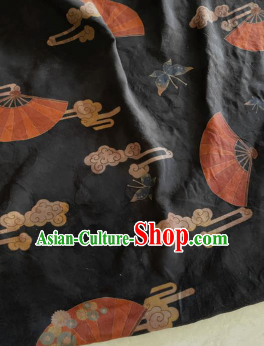 Chinese Traditional Butterfly Fan Pattern Black Silk Fabric Hanfu Gambiered Guangdong Gauze Material
