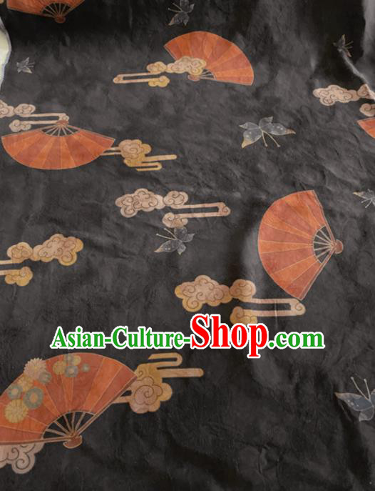 Chinese Traditional Butterfly Fan Pattern Black Silk Fabric Hanfu Gambiered Guangdong Gauze Material