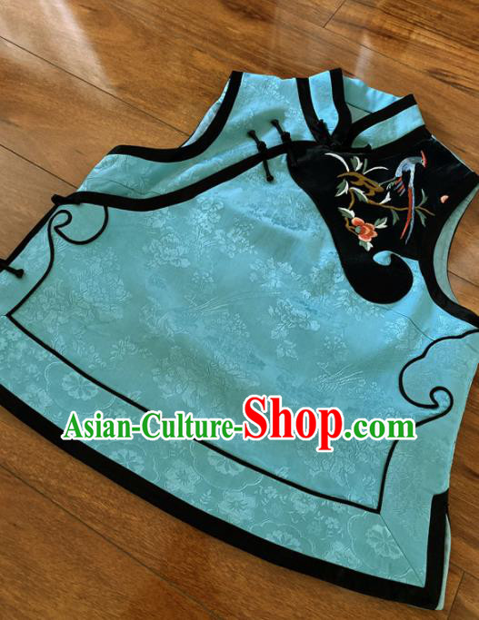 Chinese Traditional Embroidered Blue Silk Vest Tang Suit Waistcoat for Women