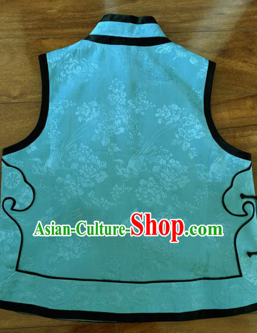 Chinese Traditional Embroidered Blue Silk Vest Tang Suit Waistcoat for Women