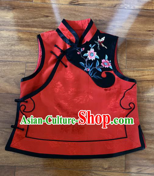 Chinese Traditional Embroidered Red Silk Vest Tang Suit Waistcoat for Women