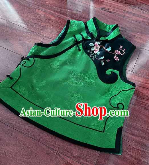 Chinese Traditional Embroidered Green Silk Vest Tang Suit Waistcoat for Women