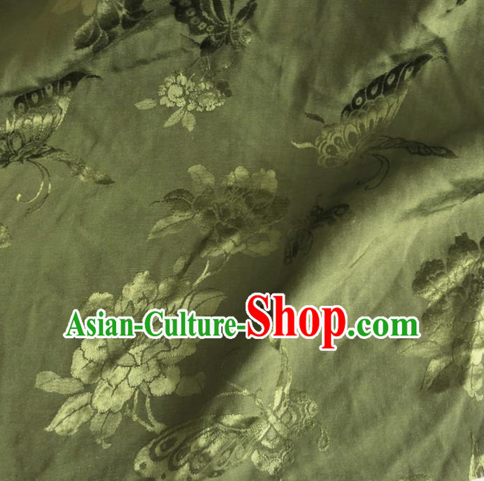 Chinese Traditional Butterfly Peony Pattern Olive Green Silk Fabric Hanfu Brocade Material
