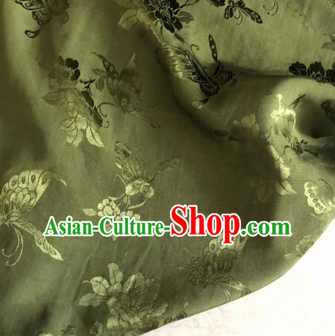 Chinese Traditional Butterfly Peony Pattern Olive Green Silk Fabric Hanfu Brocade Material