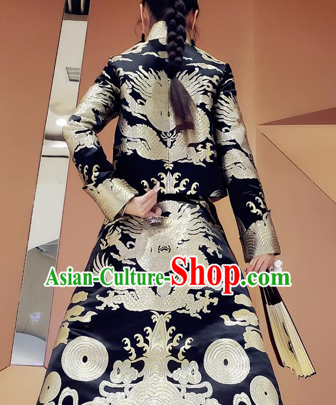 Chinese Traditional Black Brocade Blouse and Skirt Tang Suit Costumes for Women