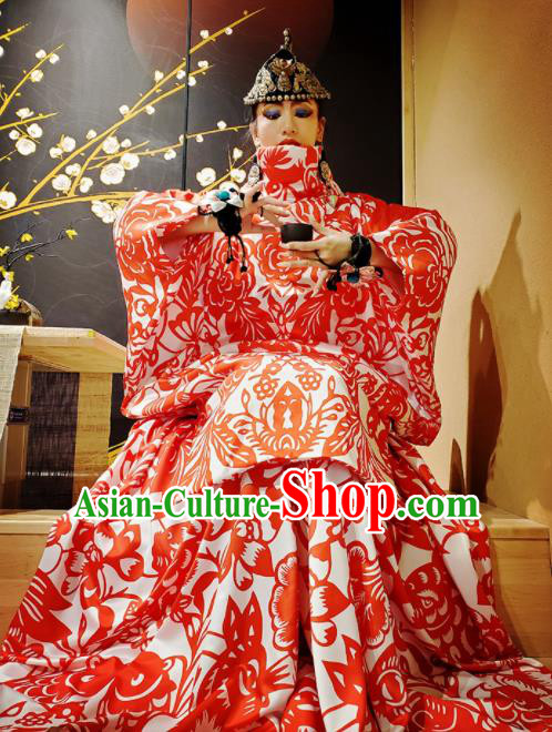 Chinese Traditional National Batik Red Dress Tang Suit Mandarin Sleeve Dress for Women