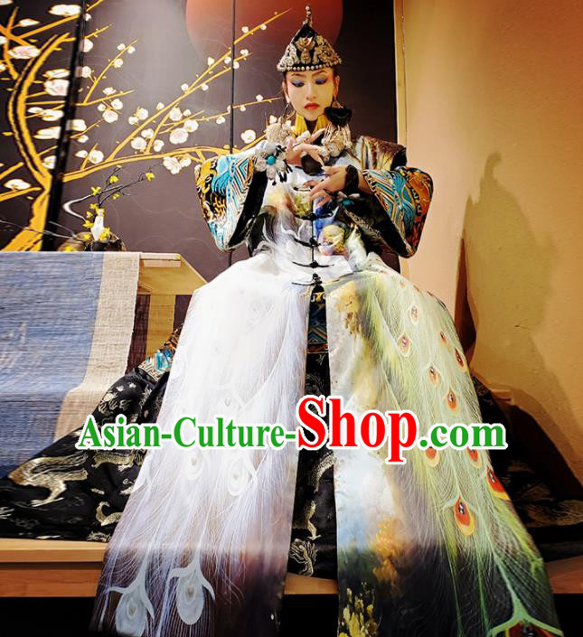 Chinese Traditional National Printing Peacock Dress Tang Suit Cloak for Women