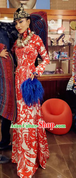 Chinese Traditional National Red Dress Tang Suit Cheongsam Costume for Women
