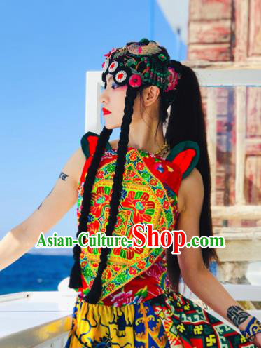 Chinese Traditional Embroidered Red Vest Tang Suit Waistcoat Costume for Women